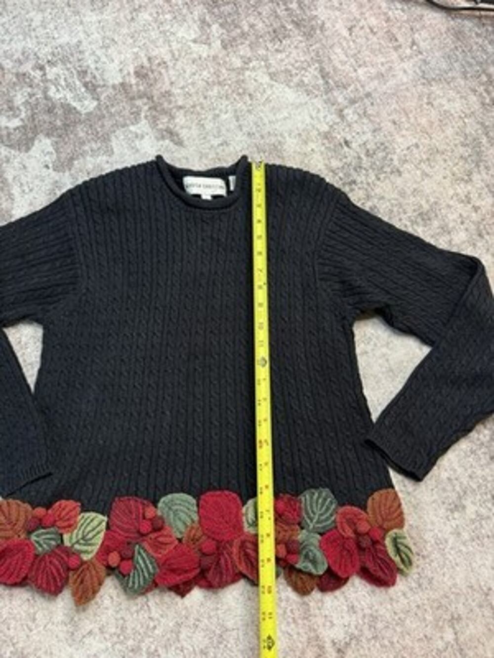 Vtg Marisa Christina 3D Crochet Floral Hem Sweater Cable Knit Black Crewneck M